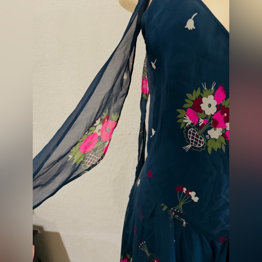 celia birtwell for Express Teal Floral Tiered Maxi Dress 100% silk lining Sz 6 - Picture 6 of 14
